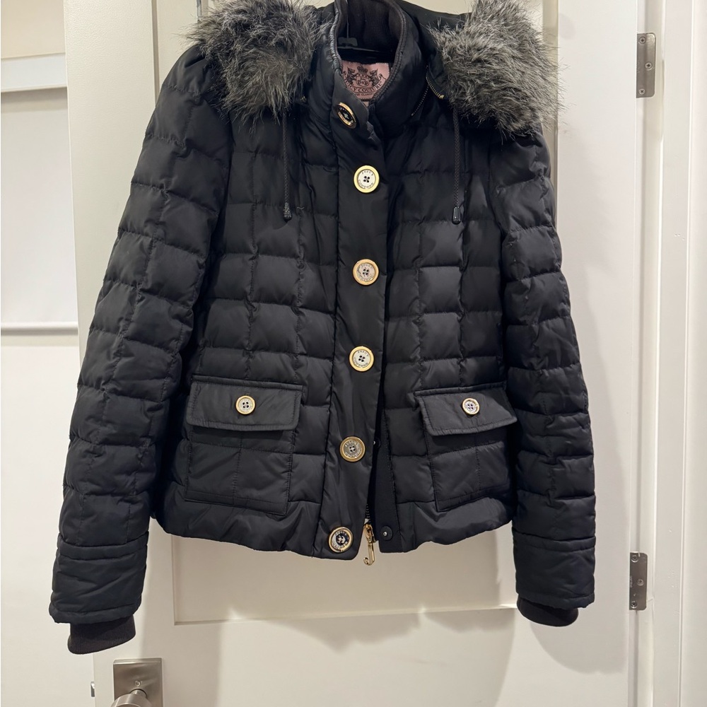 Juicy Couture Black Puffer Jacket with Faux Fur Hood